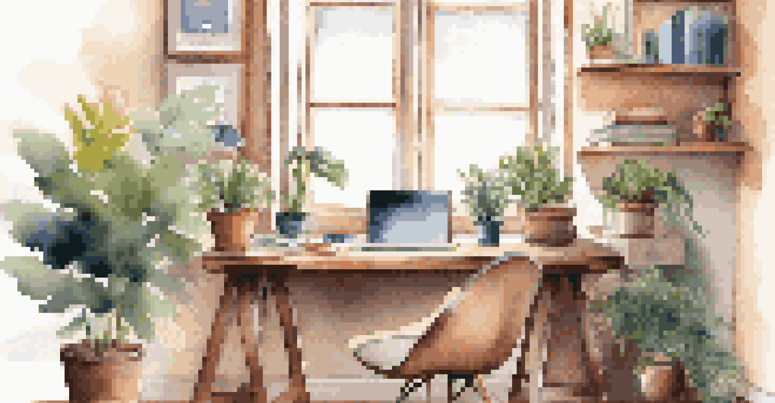 A modern desk workspace with a laptop, colorful notebooks, and a plant, illuminated by natural light from a window.