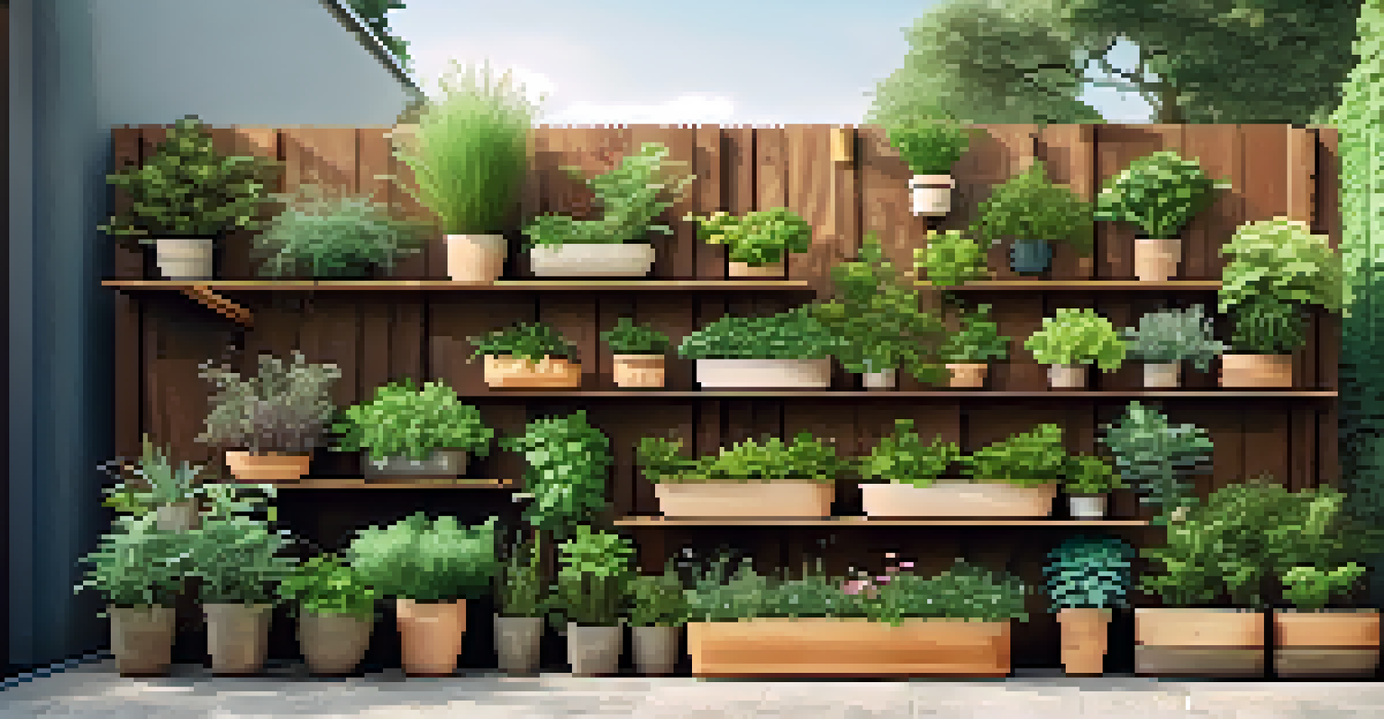 A vertical garden with stacked containers and wall planters filled with greenery against a wooden fence, illuminated by morning light.