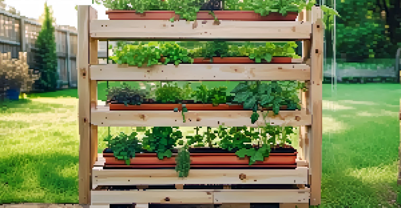 A tiered vertical planter with a trellis, featuring fresh herbs and vegetables, illuminated by morning light.
