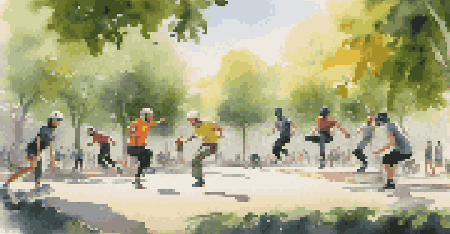 A group of parkour practitioners training in a park with safety gear, surrounded by greenery and sunlight.