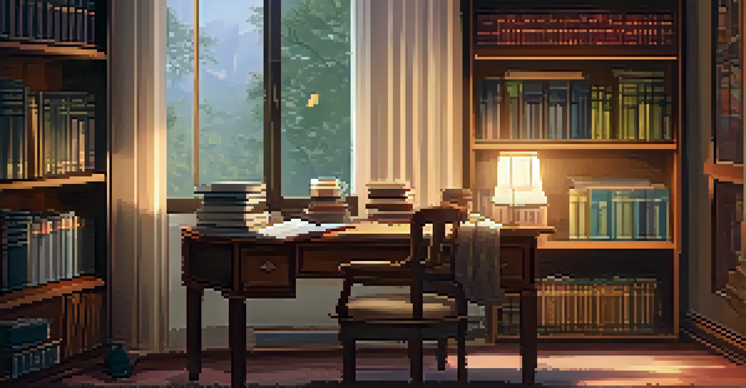 A cozy study room featuring a wooden desk, plush armchair, bookshelves, and warm lighting.