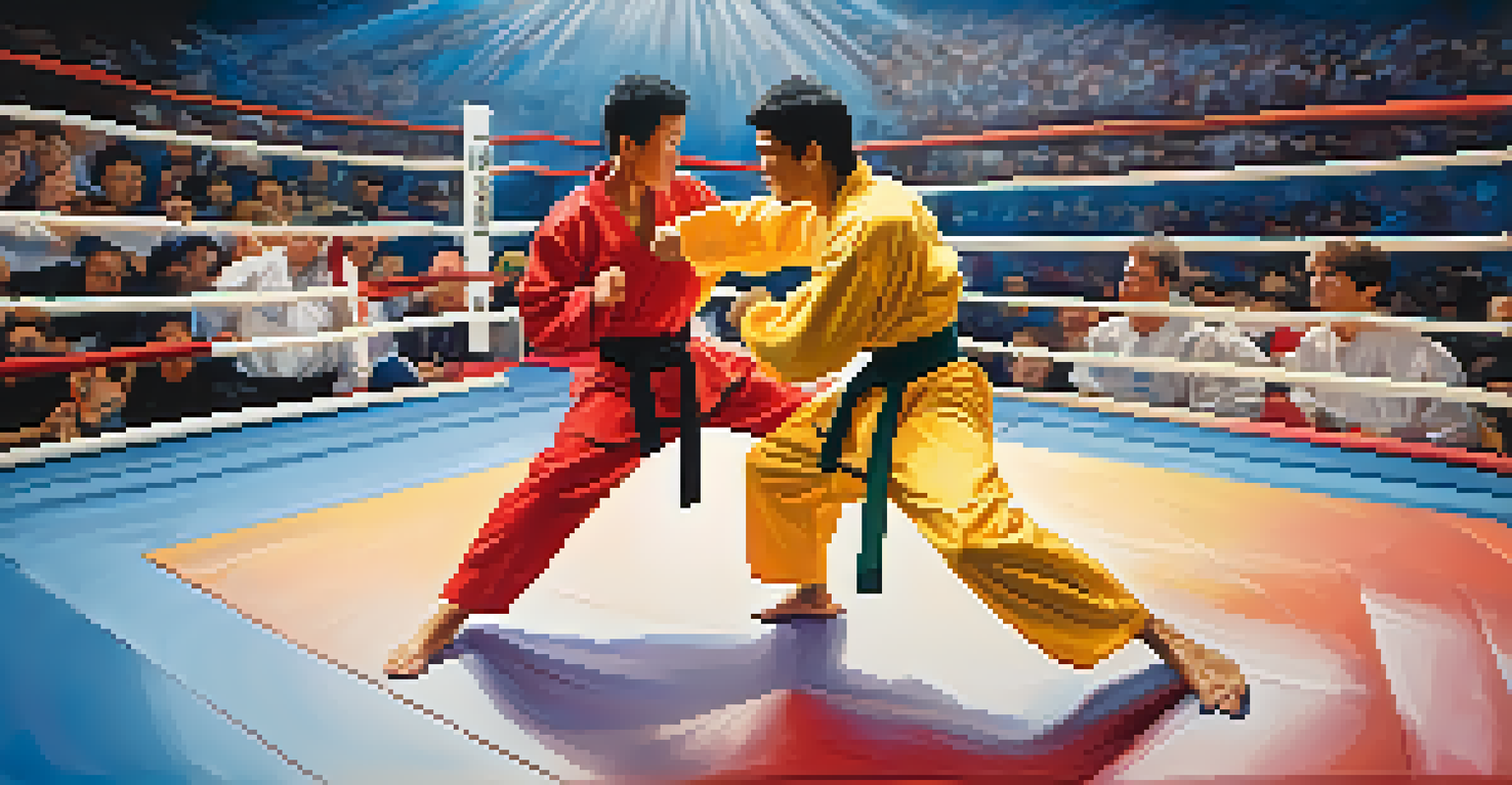 Two martial artists sparring on a competition mat, showcasing intense expressions and colorful uniforms in front of an audience.