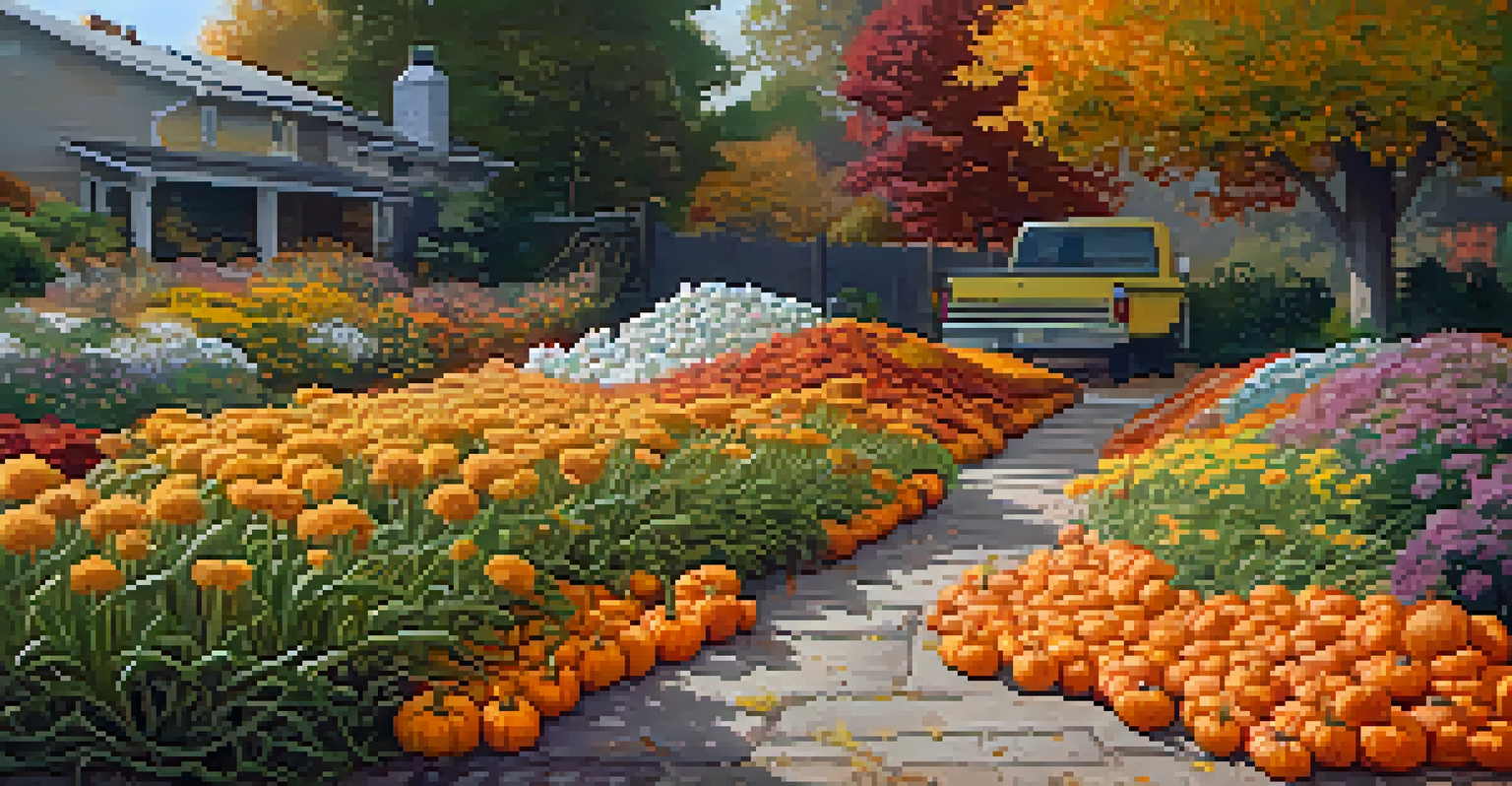 An autumn garden with harvested garlic and onions, vibrant chrysanthemums, and scattered leaves in shades of orange and yellow.