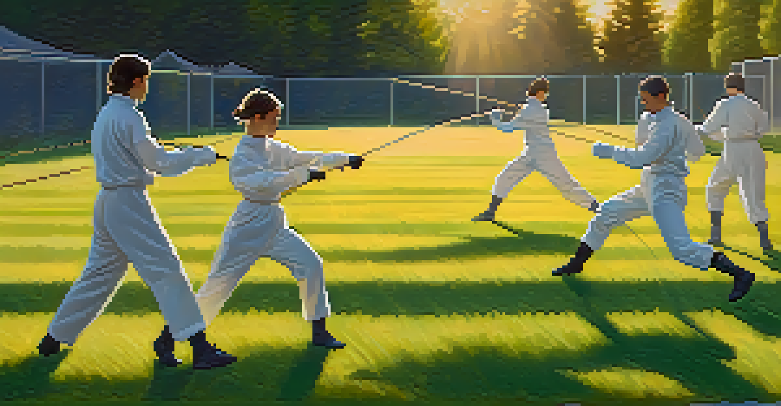 A group of fencers practicing footwork drills outdoors during golden hour, with warm sunlight illuminating the scene.