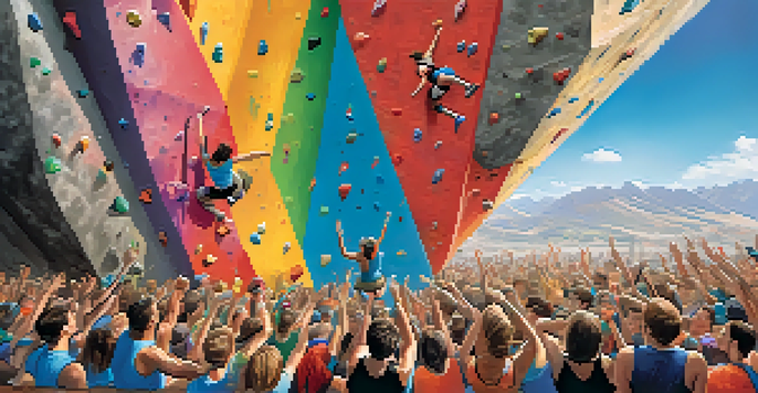 An action-packed rock climbing competition with climbers on a bouldering wall, surrounded by an enthusiastic crowd and colorful banners.