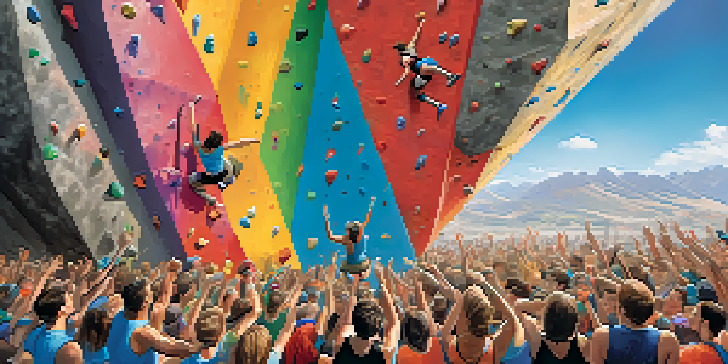 An action-packed rock climbing competition with climbers on a bouldering wall, surrounded by an enthusiastic crowd and colorful banners.
