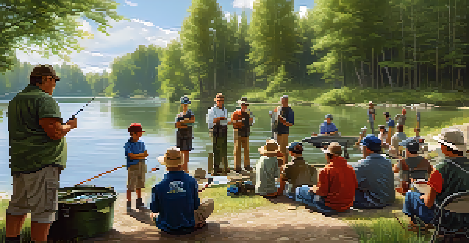 A community fishing workshop with diverse participants learning catch and release techniques by a river on a sunny day.