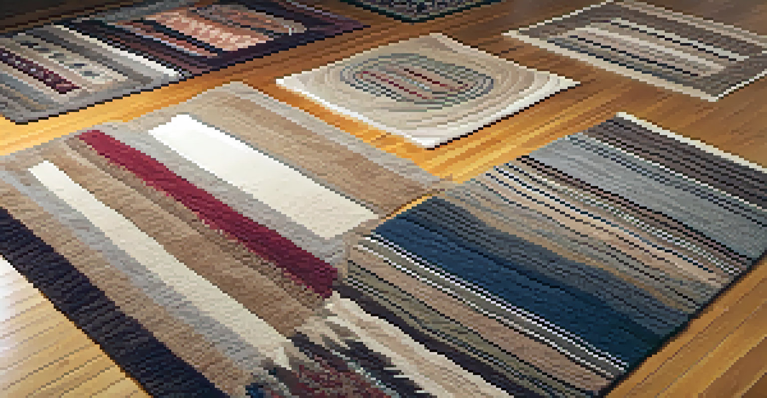 A collection of tufted rugs with different textures and patterns displayed on a wooden floor, illuminated by warm lighting.