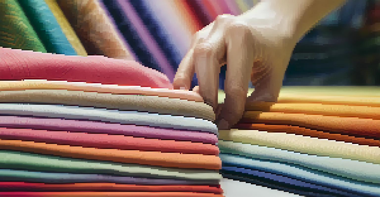 Close-up of hands selecting vibrant fabric swatches in a fabric store.