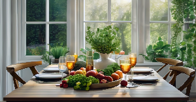 A beautifully set dining table with fresh fruits and vegetables, illuminated by soft warm light, creating a calming atmosphere.