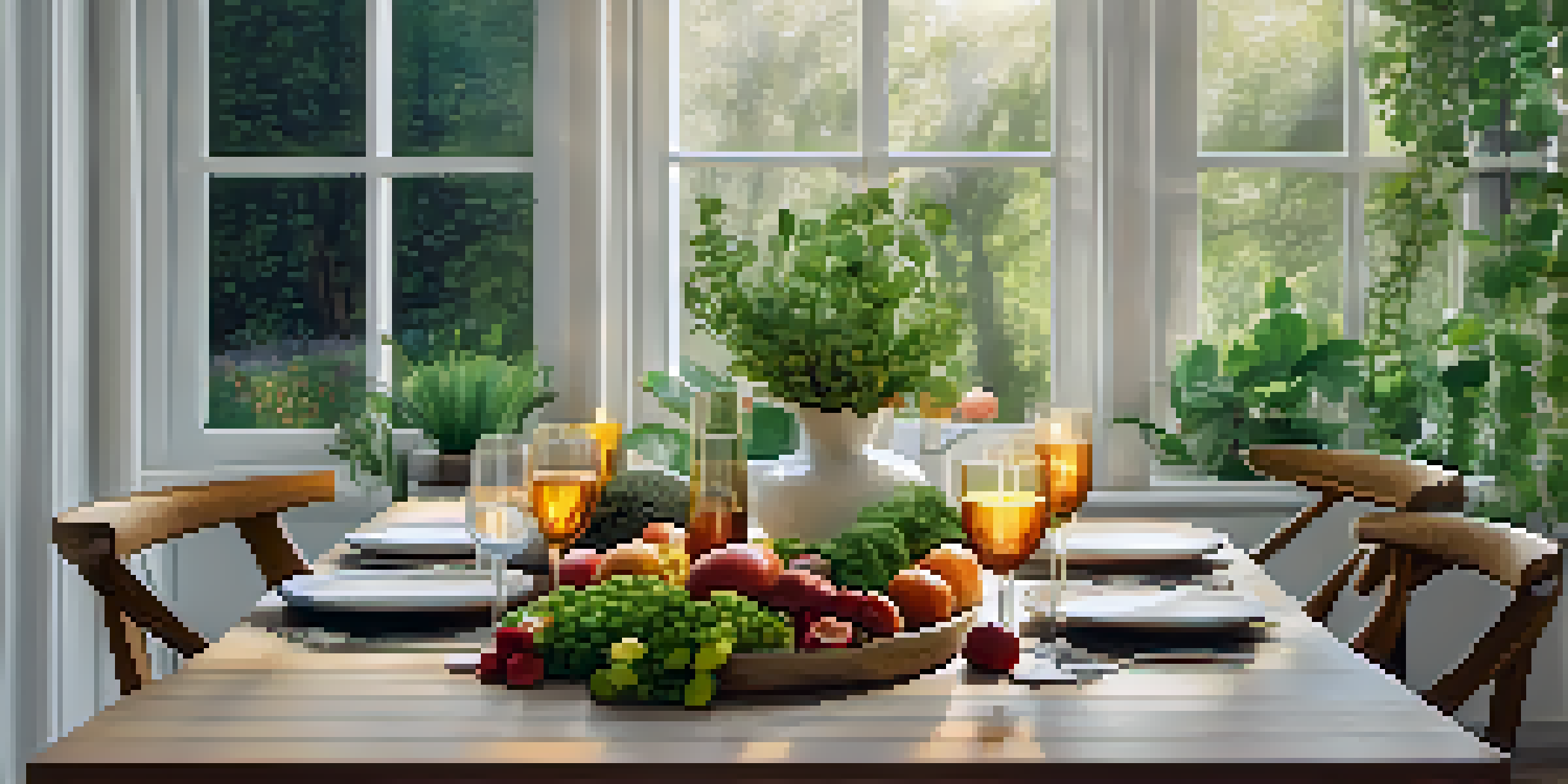 A beautifully set dining table with fresh fruits and vegetables, illuminated by soft warm light, creating a calming atmosphere.