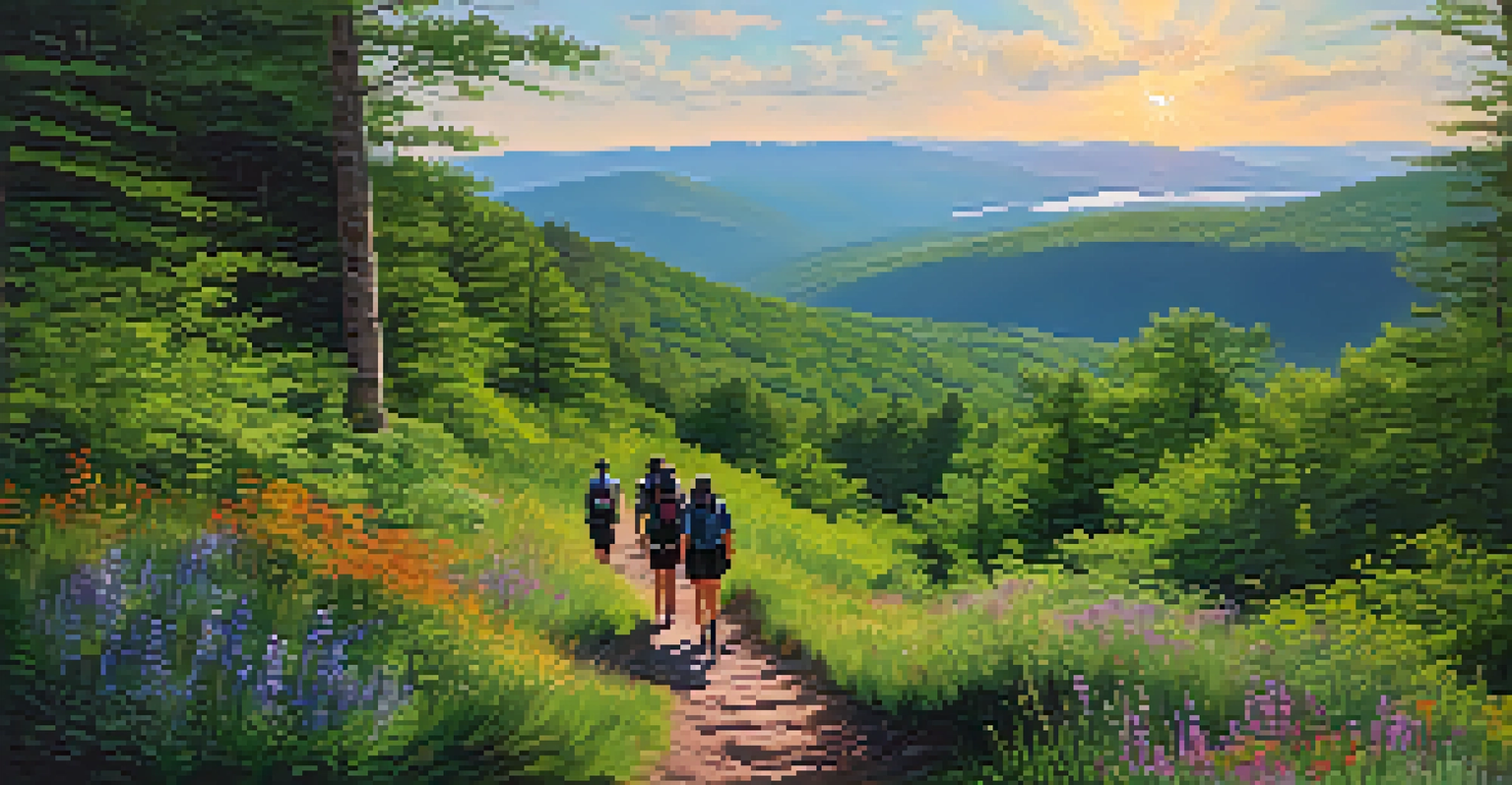 A couple hiking on a scenic trail in the Catskills, surrounded by greenery and mountains.