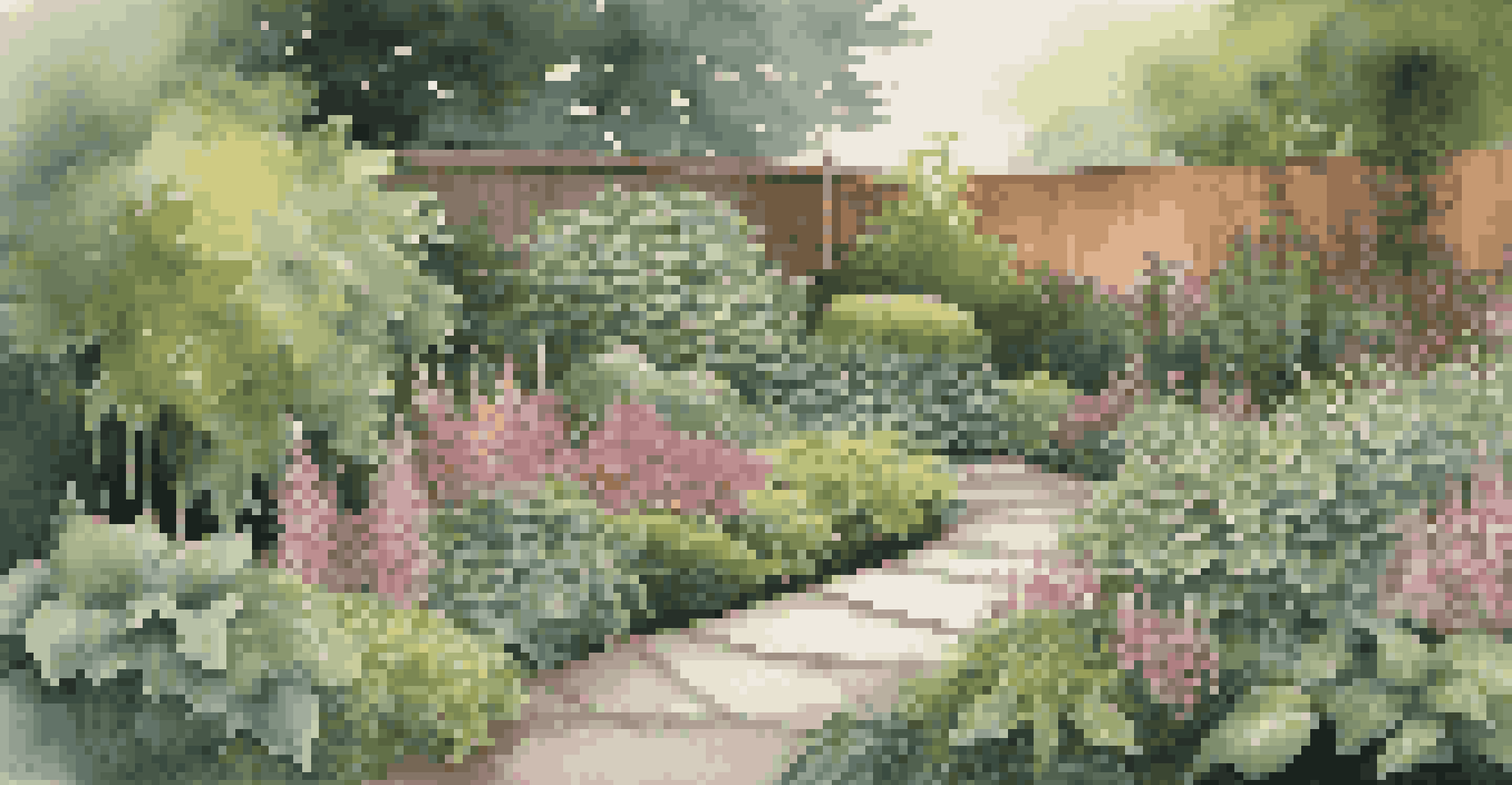 A layered garden design with tall and short plants, emphasizing textures and colors in a shaded environment.
