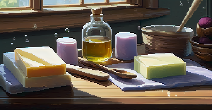A well-lit soap-making workspace with natural ingredients like coconut oil and lavender, showcasing a bar of freshly made soap.