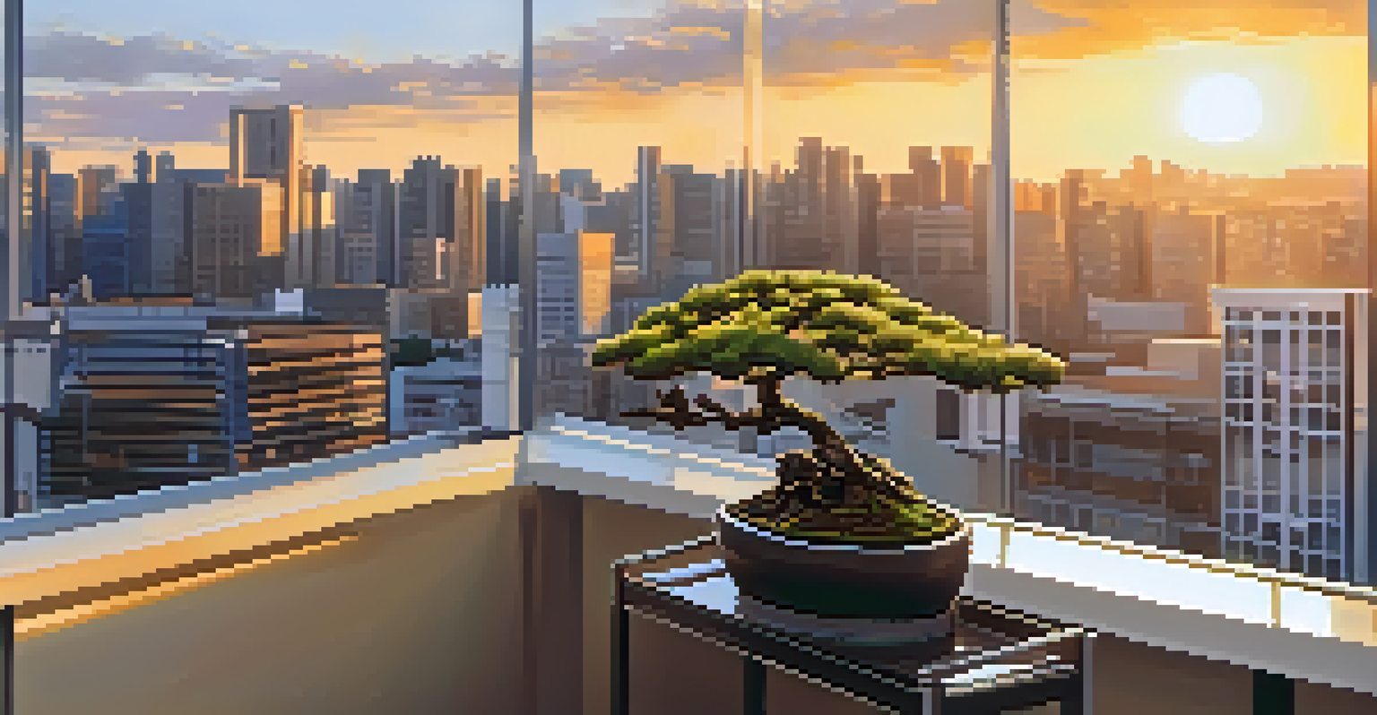 A small bonsai tree on a balcony in a modern city setting, with buildings in the background and a warm golden sunset lighting the scene.