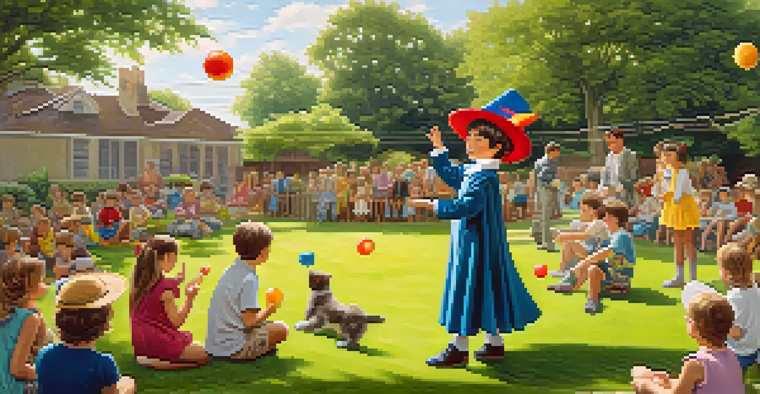 A young magician performing a 'Cup and Ball' trick in a backyard, surrounded by captivated children.