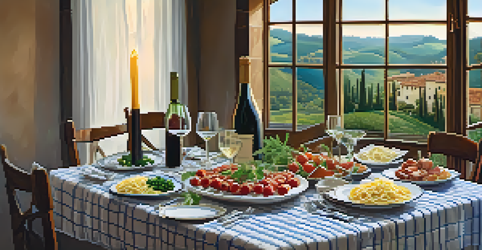 A dining table beautifully set for an Italian meal with Chianti wine, antipasto, and pasta, surrounded by a scenic view.