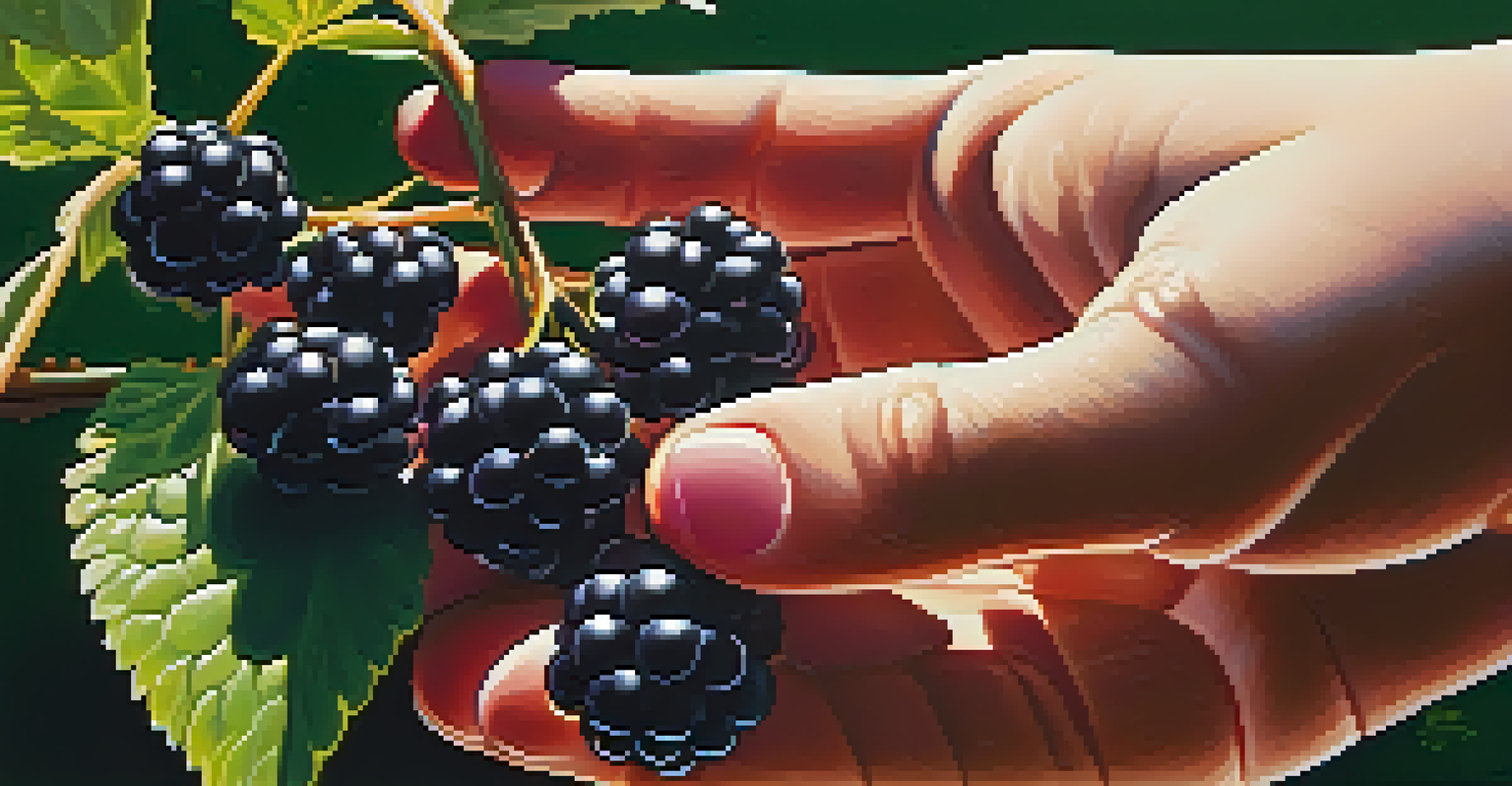 A close-up of a hand picking ripe blackberries from a bush, showcasing the vibrant purple berries and green leaves in soft sunlight.