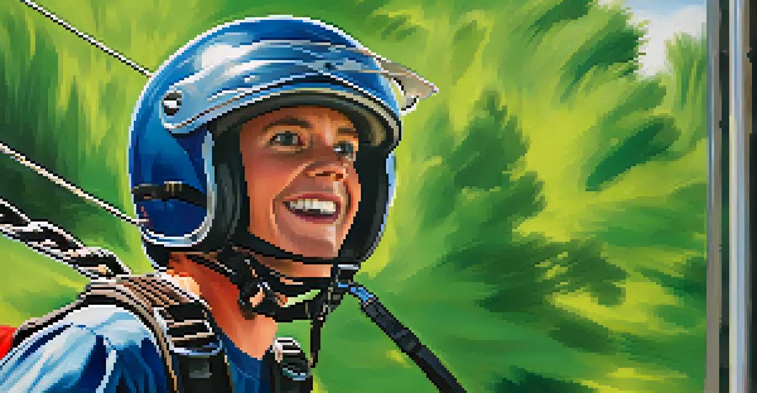 A close-up of a bungee jumper's face showing excitement and fear, with a blurred background of green trees and sunlight.