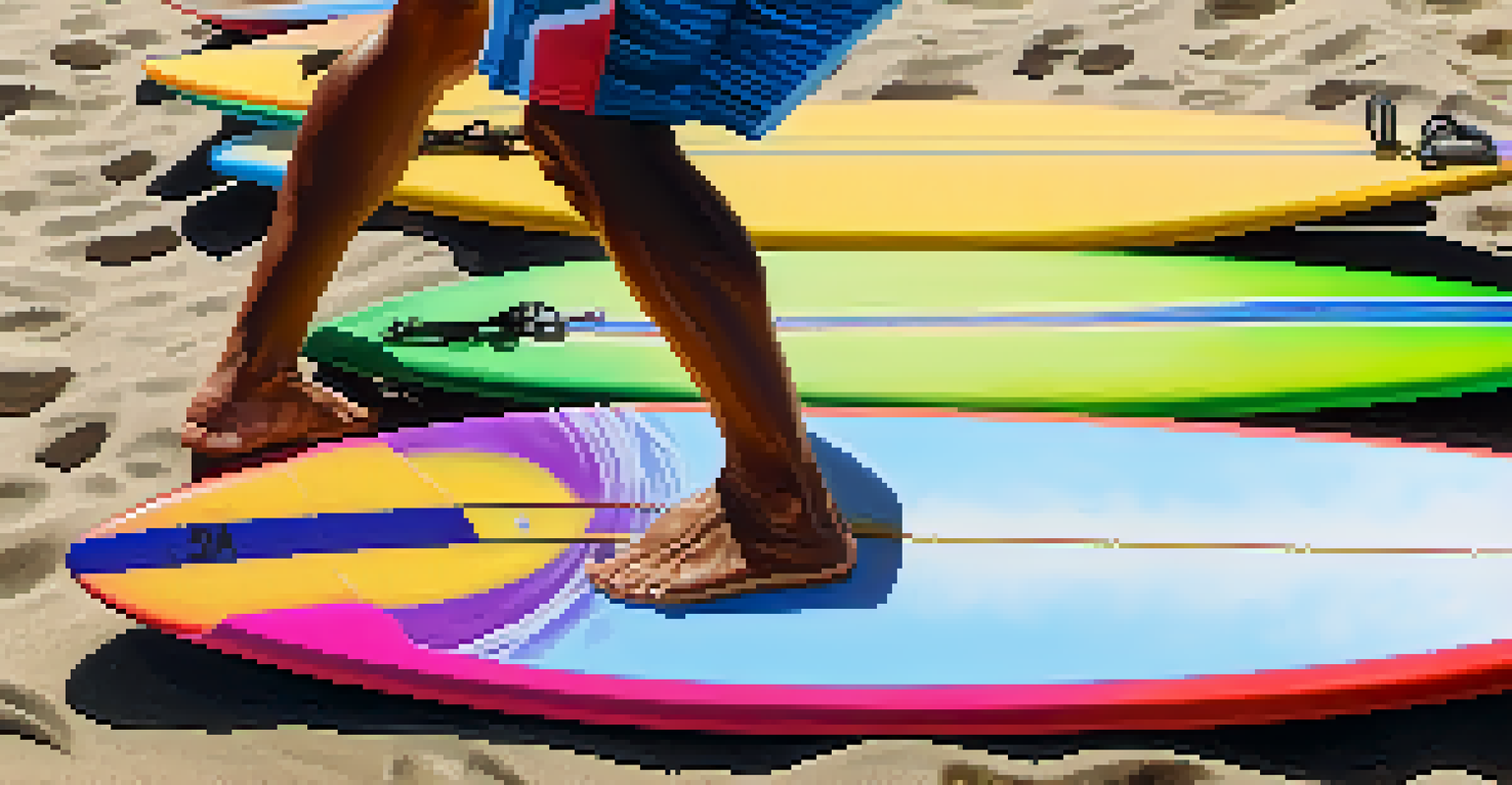 Close-up of a focused surfer waxing their board on the beach with surfboards in the background.