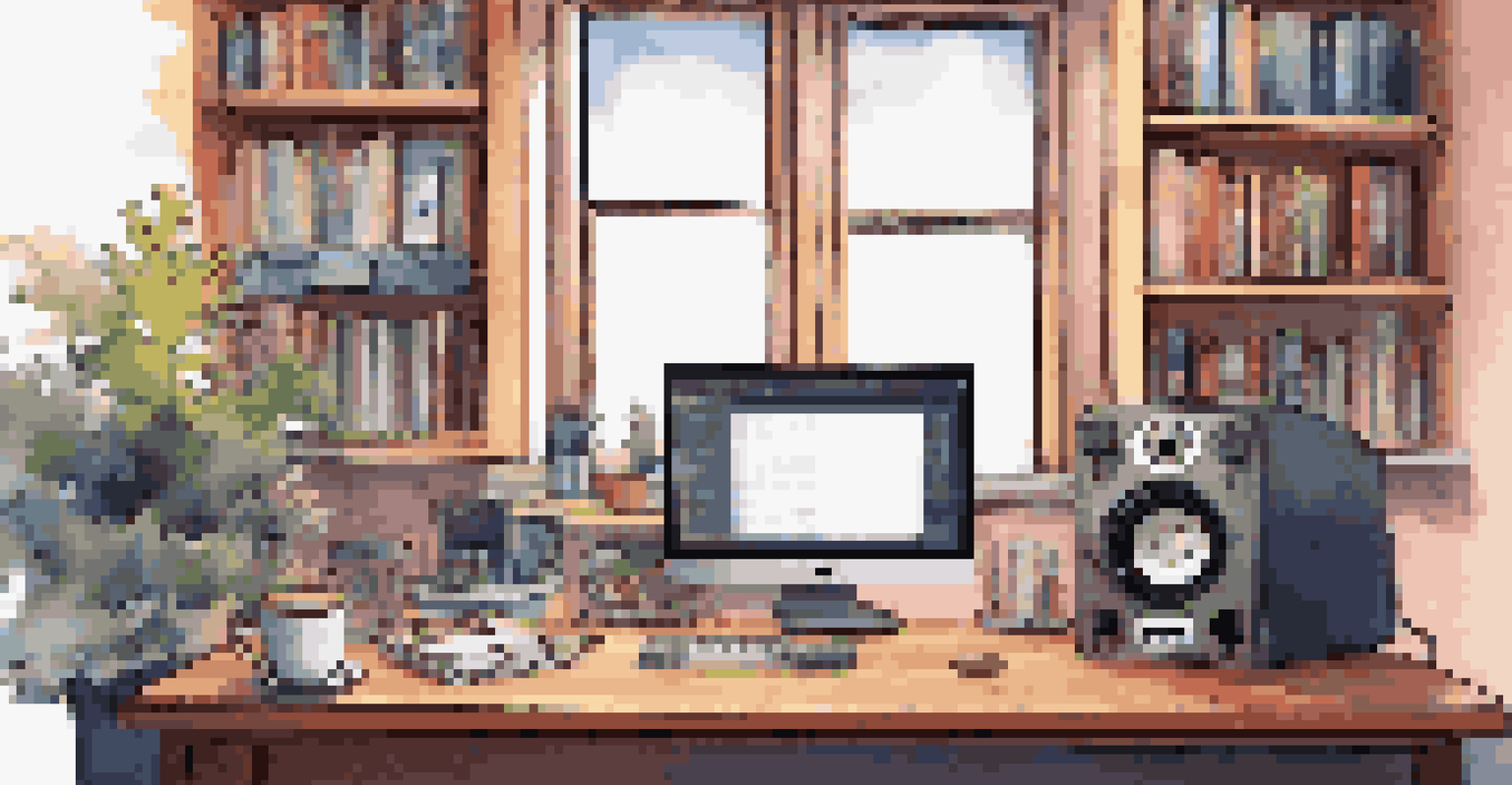 A creative workspace for podcast editing with a computer displaying audio editing software, colorful waveforms, and a coffee cup, surrounded by books.