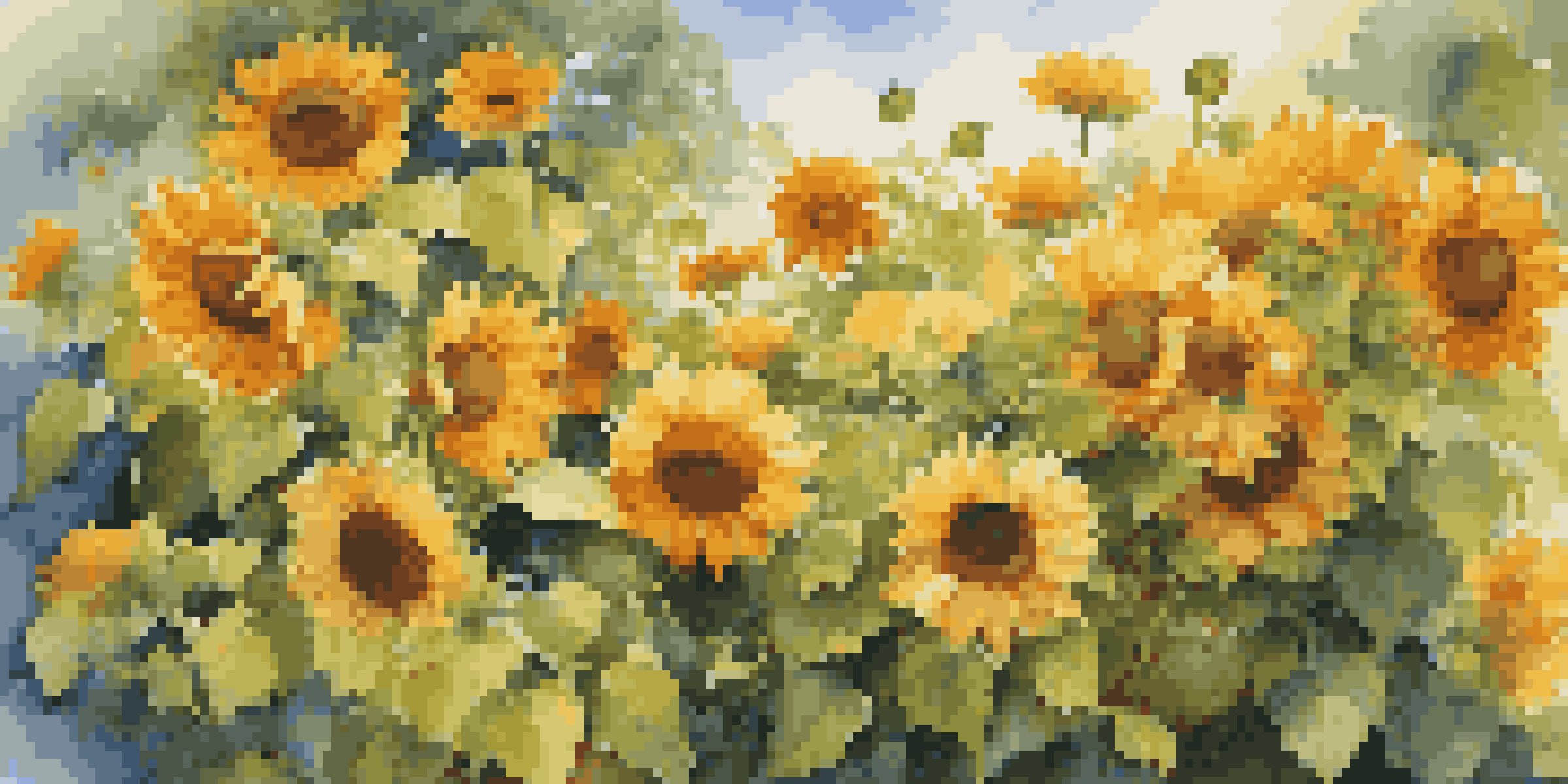 A colorful garden with tall sunflowers and low marigolds under the sunlight.