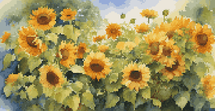 A colorful garden with tall sunflowers and low marigolds under the sunlight.