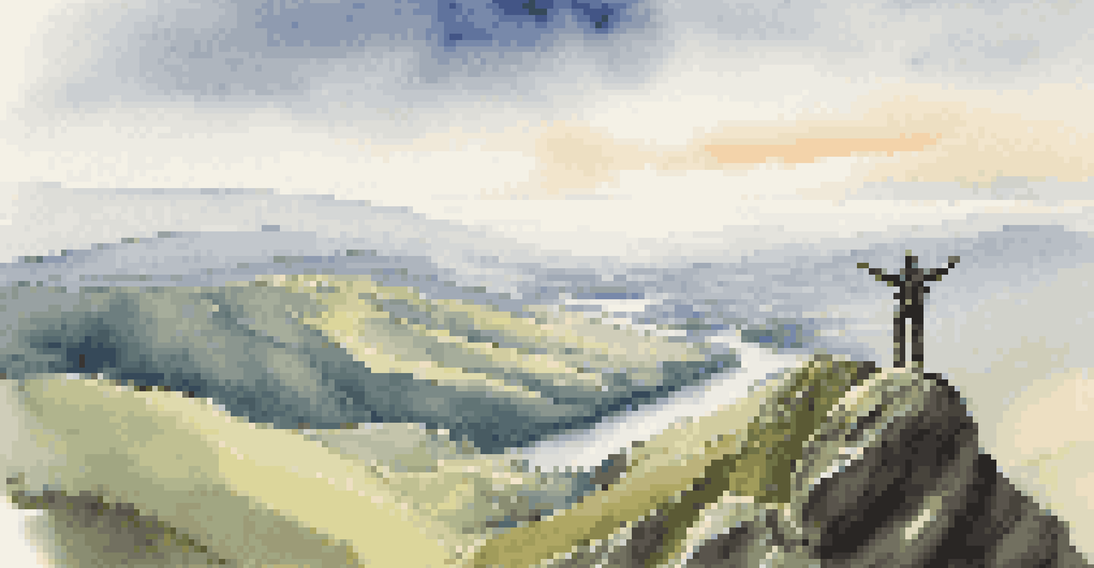 A hiker standing at the top of a hill with arms raised, overlooking a beautiful valley and river below.