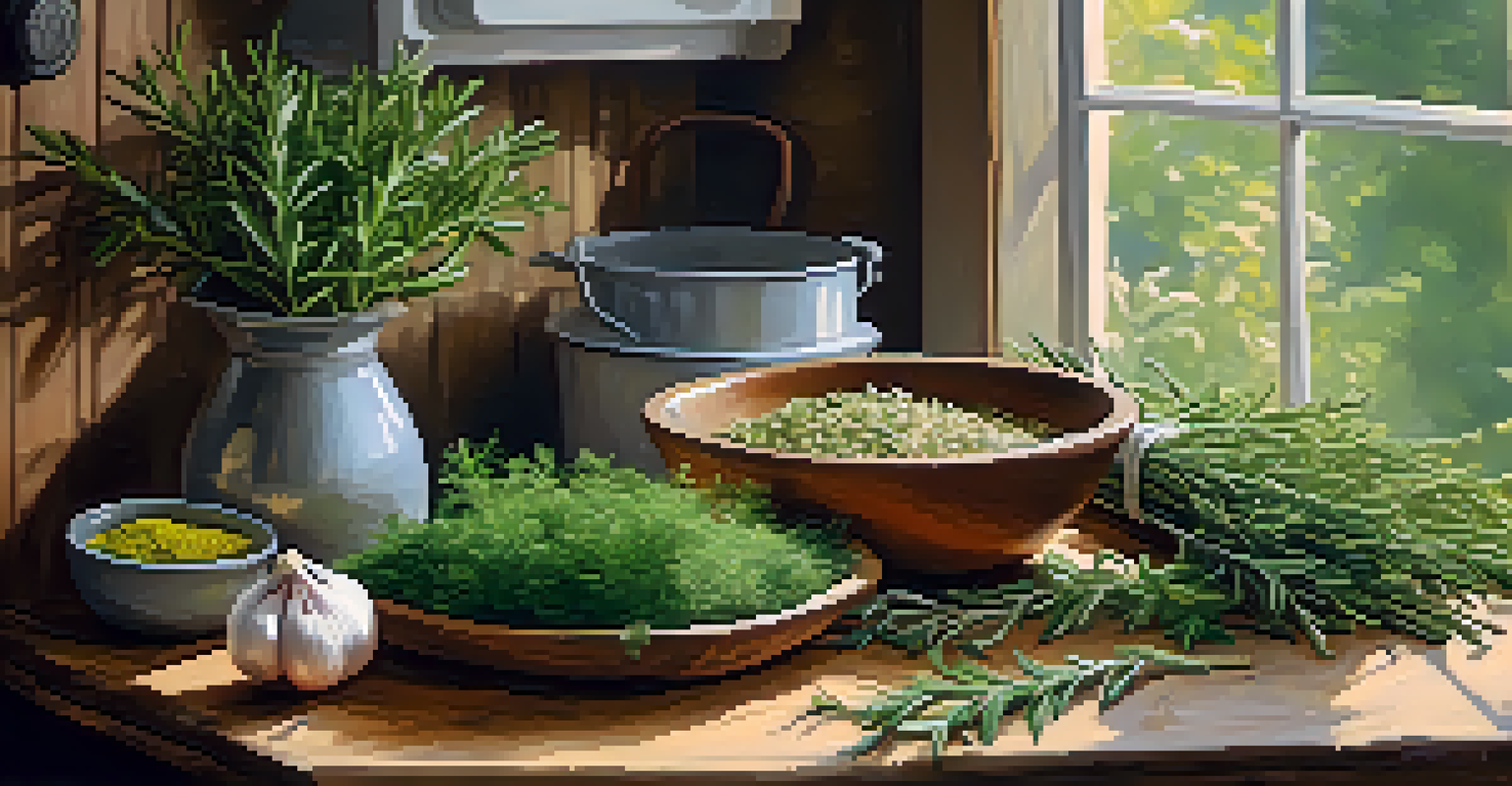 A cozy kitchen table displaying fresh herbs, garlic, and olive oil, bathed in warm natural light, inviting for culinary activities.