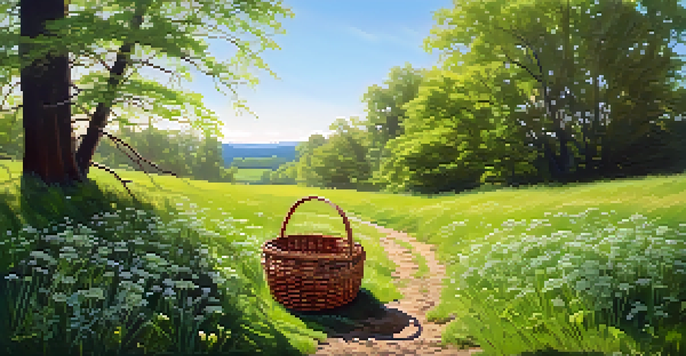 A basket filled with fresh wild greens in a colorful spring landscape with blooming flowers and sunlight.