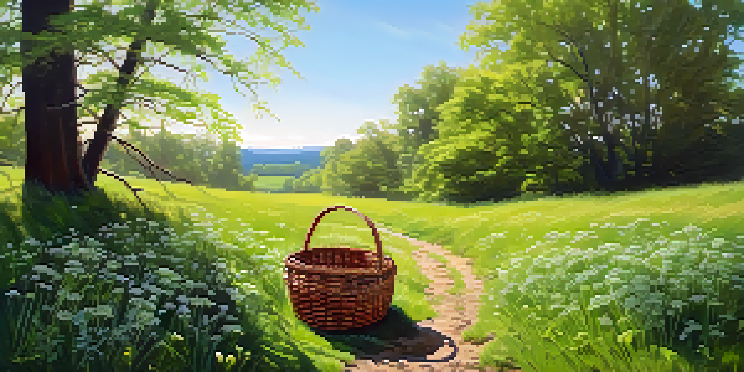 A basket filled with fresh wild greens in a colorful spring landscape with blooming flowers and sunlight.