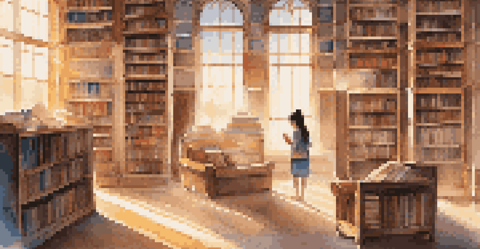 A young Asian girl reading in a sunlit library filled with books.