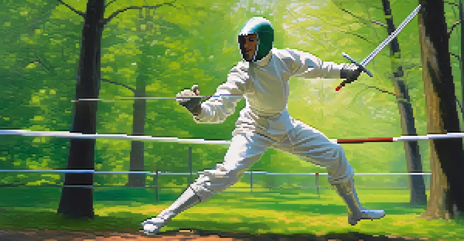 A fencer practicing agility drills outdoors, captured mid-action with blurred motion effects, surrounded by trees and vibrant greenery.