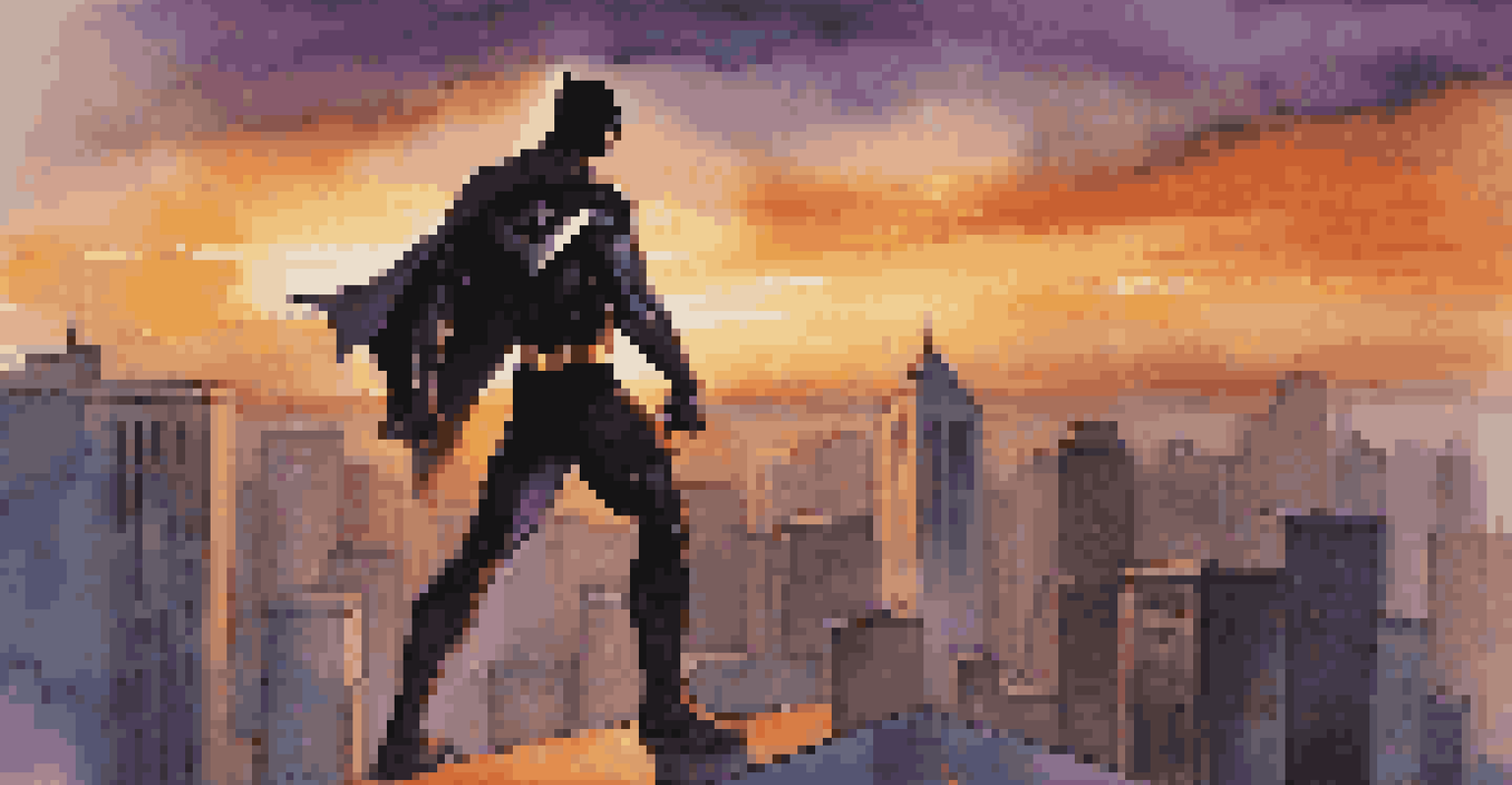 A superhero character in a dark costume strikes a powerful pose on a city rooftop at sunset, with a vibrant skyline in the background.