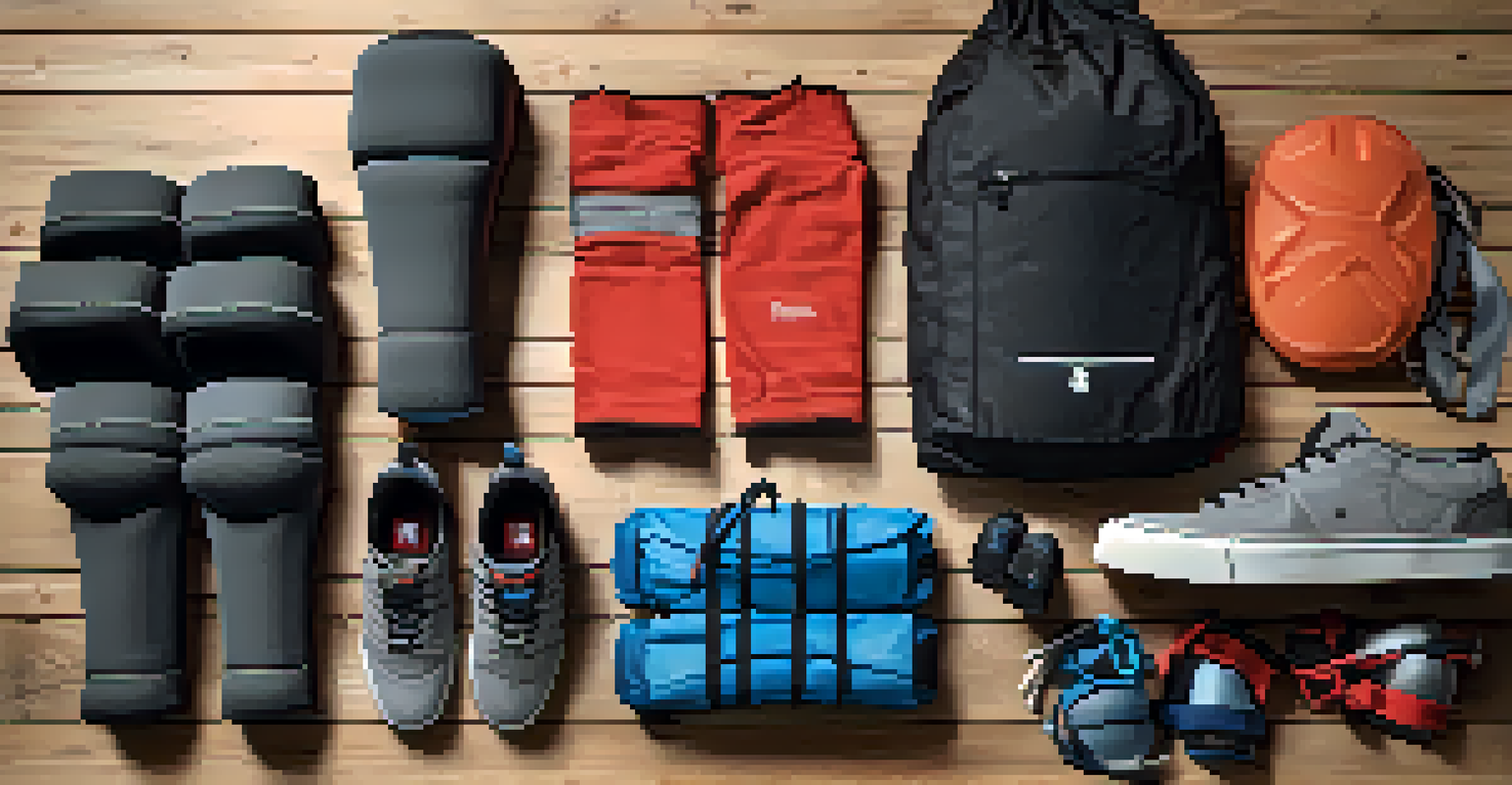 A collection of parkour gear including shoes, clothing, and protective equipment arranged on a wooden surface, showcasing their quality and durability.