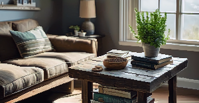 A rustic coffee table made from upcycled barn wood in a cozy living room, with natural light and decorative items.