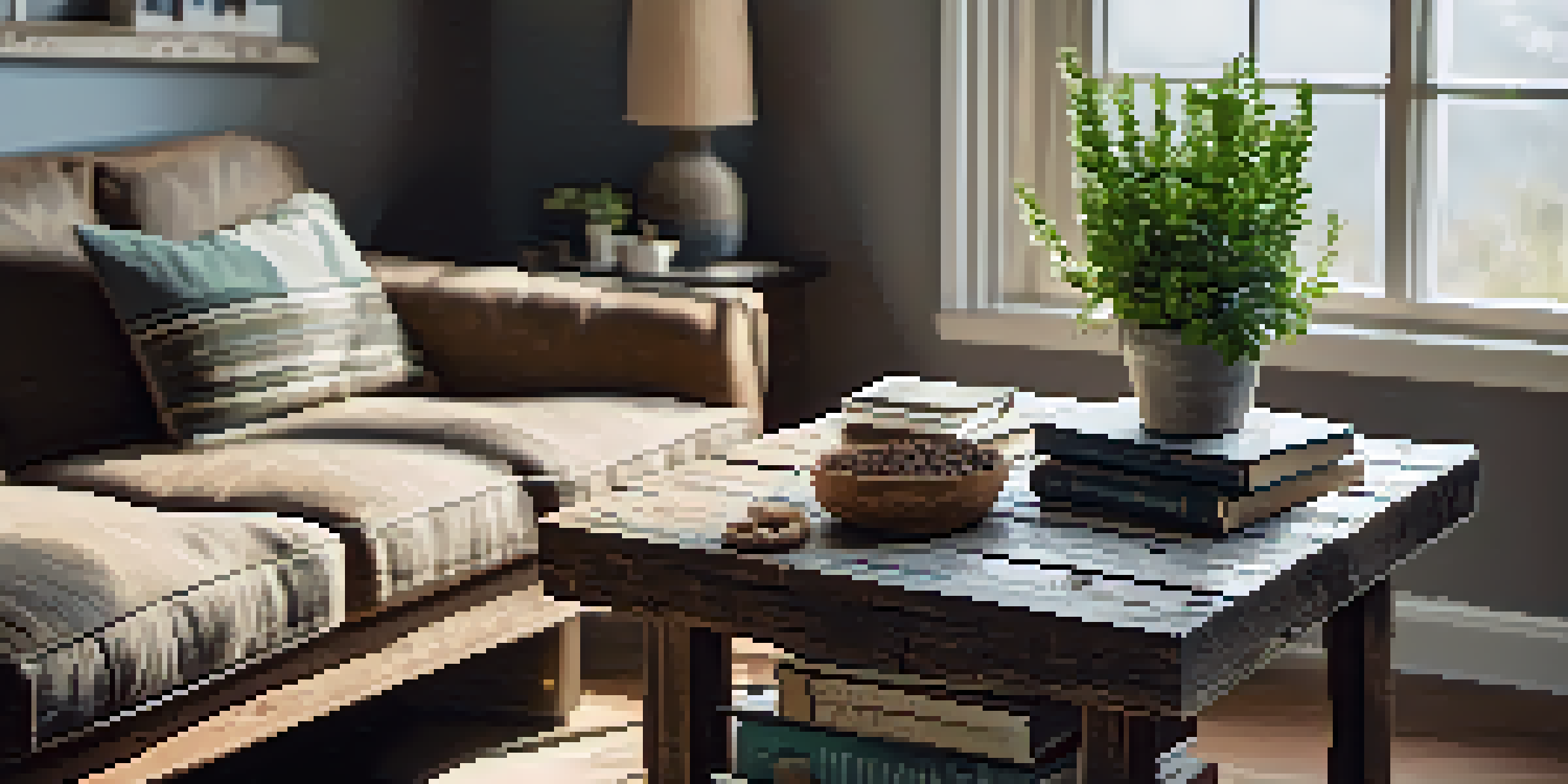 A rustic coffee table made from upcycled barn wood in a cozy living room, with natural light and decorative items.