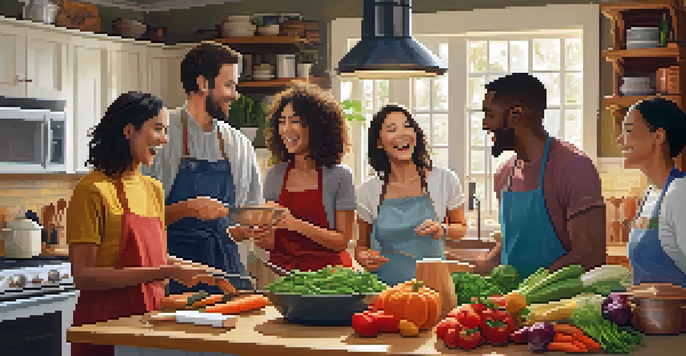 A diverse group of friends joyfully cooking together in a warmly lit kitchen, surrounded by fresh vegetables and simmering pots.
