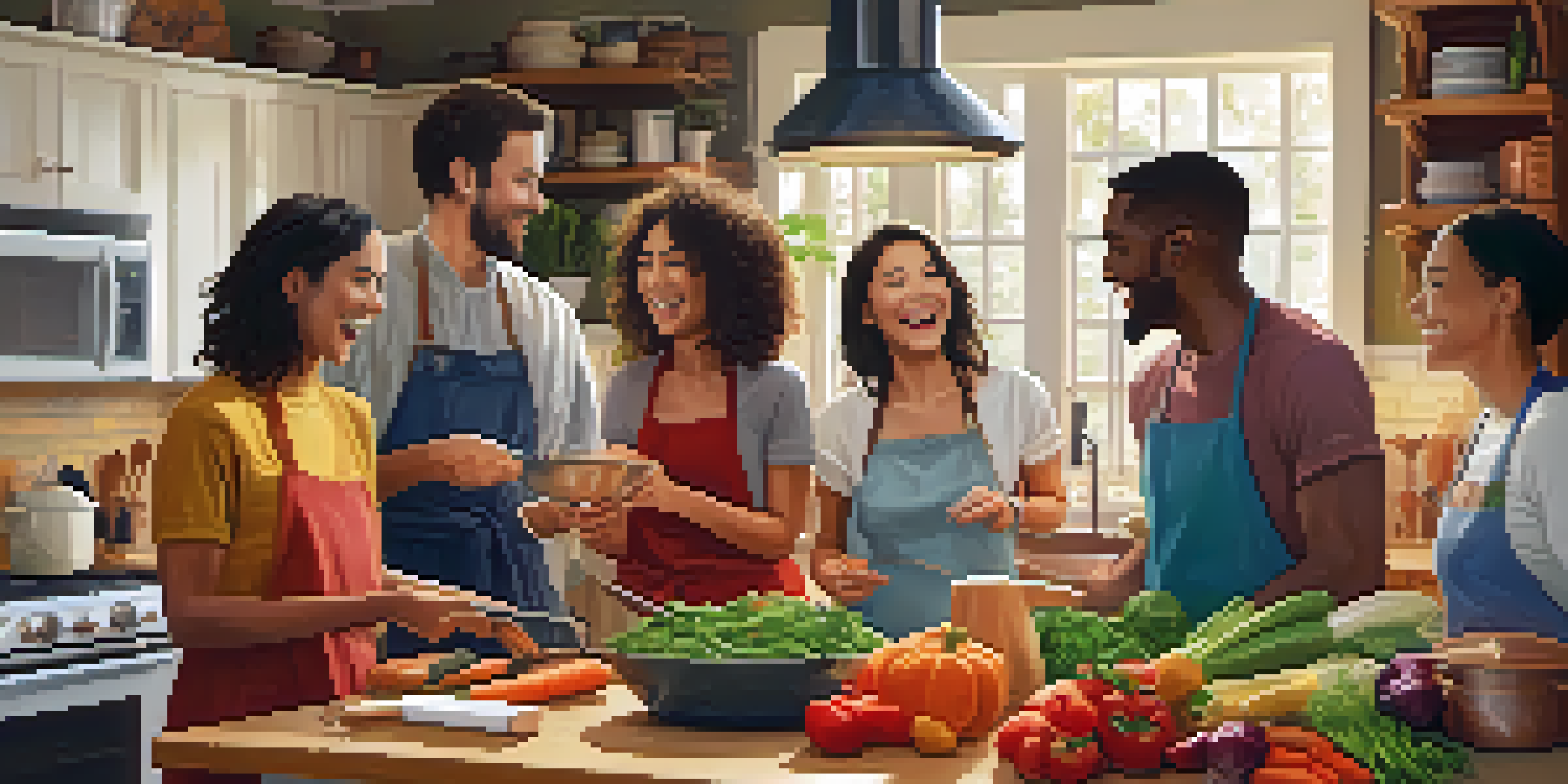 A diverse group of friends joyfully cooking together in a warmly lit kitchen, surrounded by fresh vegetables and simmering pots.