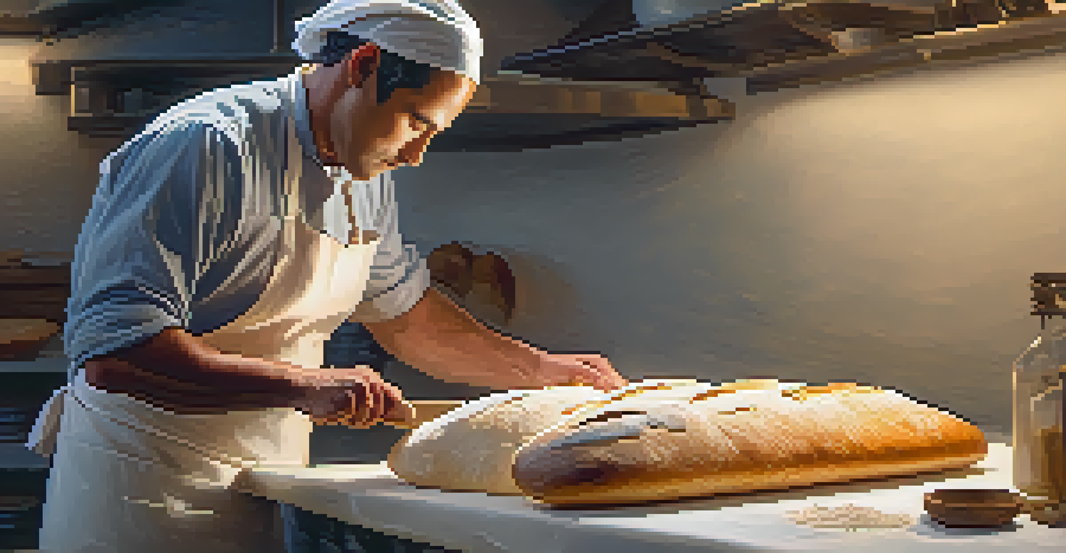 A baker shaping baguette dough on a marble countertop, wearing a white apron, with warm lighting highlighting the scene.