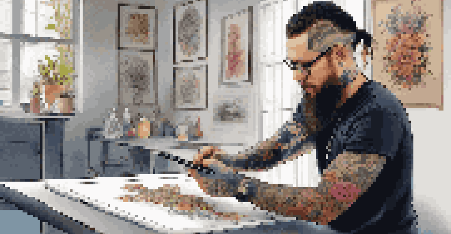 A tattoo artist creating a floral design on a client's arm using a digital tablet in a modern tattoo studio.