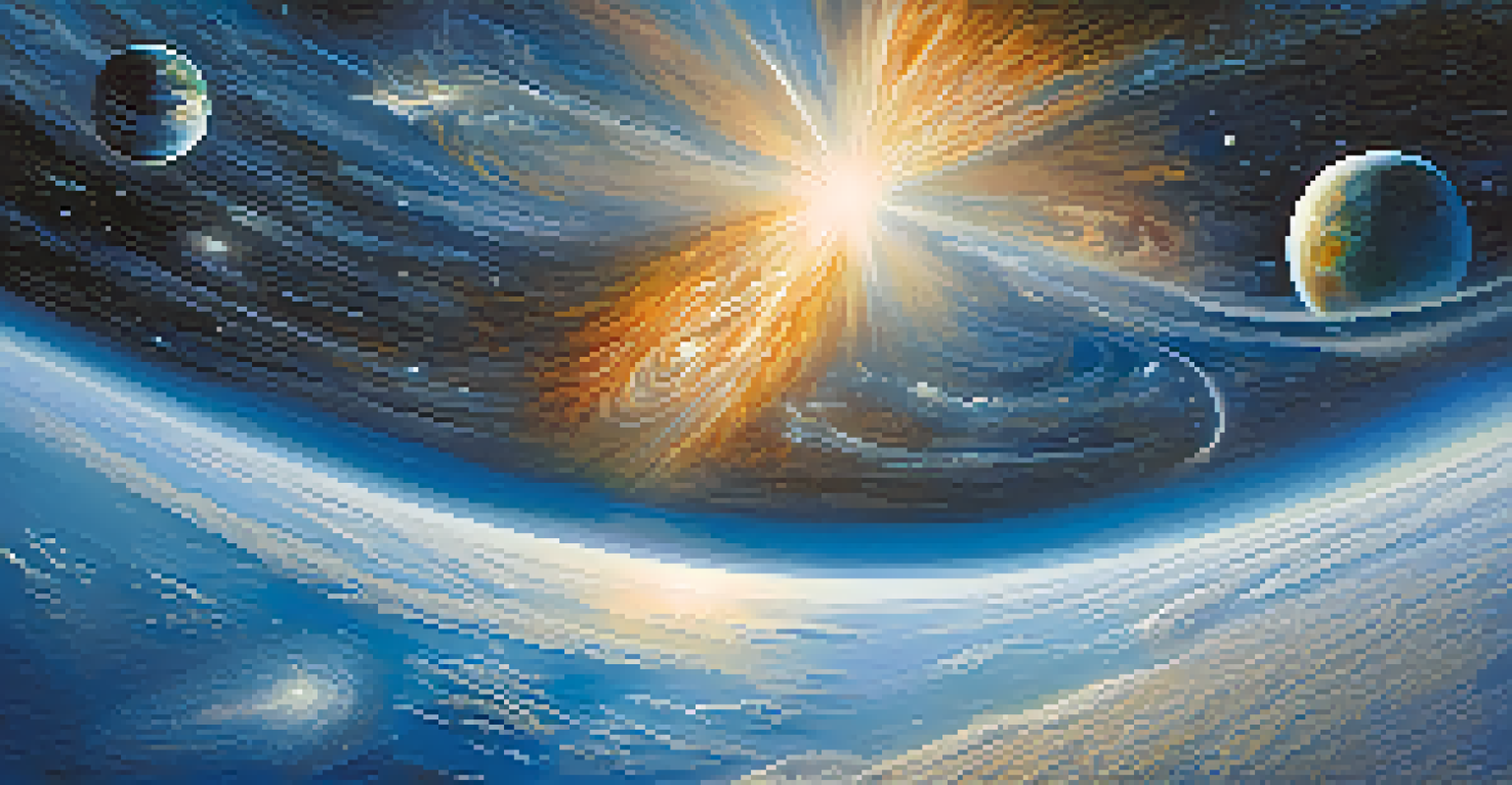 A view of Earth from space, highlighting oceans and clouds, with a starry background and glowing atmosphere.