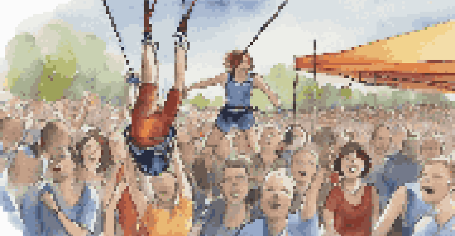 Close-up of a bungee jumping harness and cord, with a blurry background of a cheering crowd.