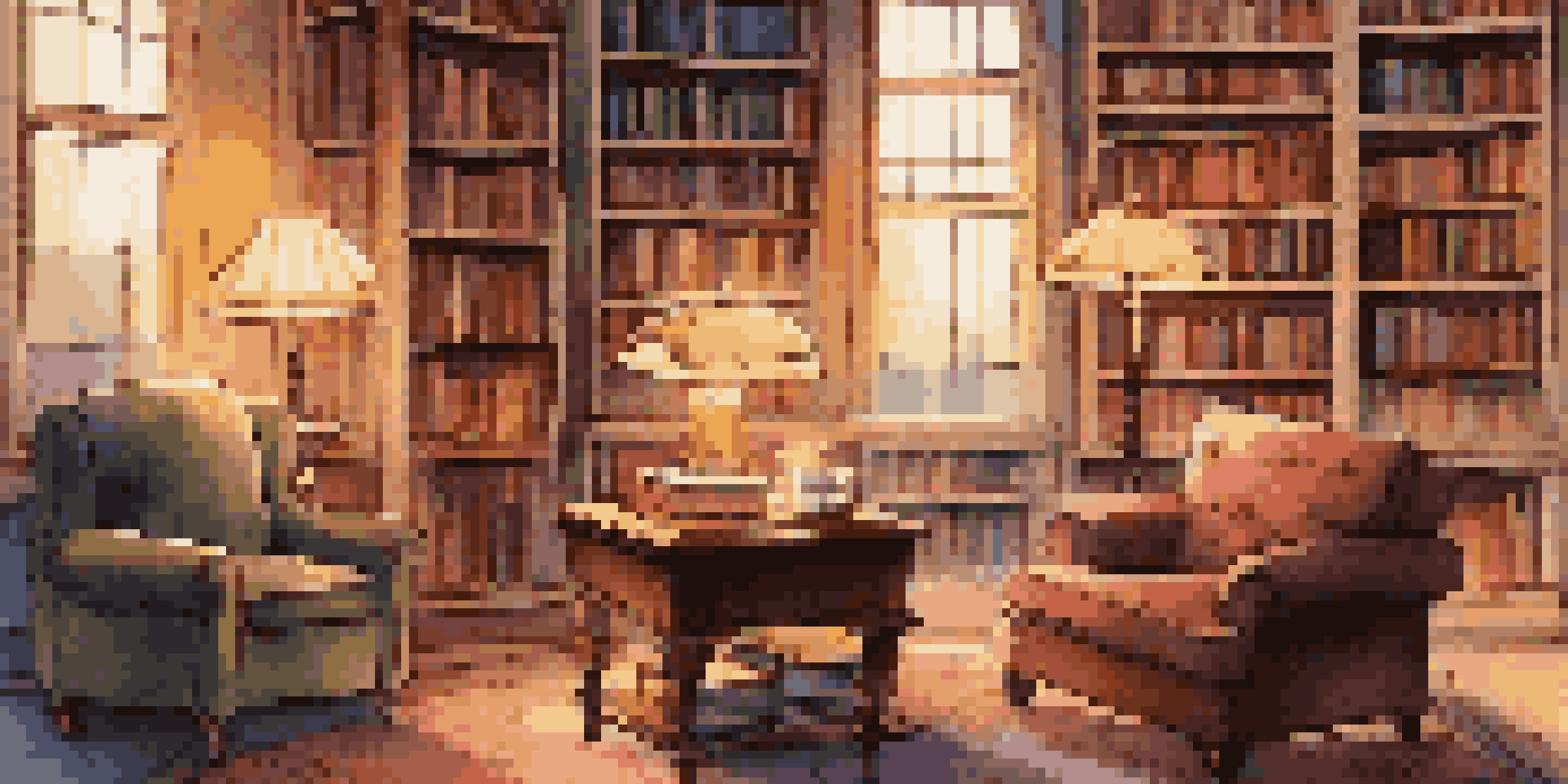 A warm and inviting library with a wooden desk, open books, a cup of tea, and a comfortable armchair, illuminated by soft light.