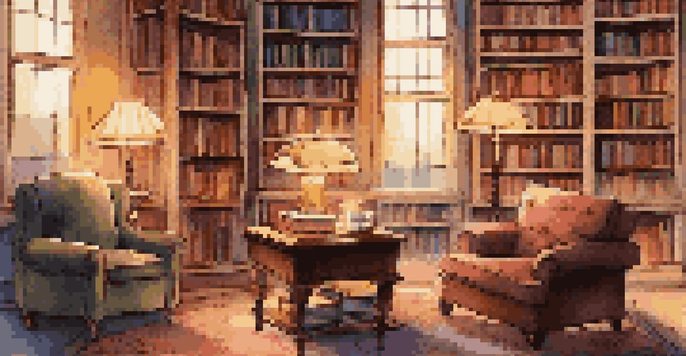 A warm and inviting library with a wooden desk, open books, a cup of tea, and a comfortable armchair, illuminated by soft light.