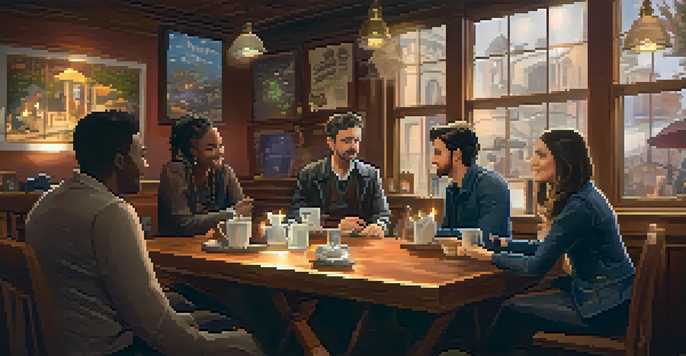 A group of diverse magicians collaborating in a cozy coffee shop, surrounded by cards and props, showcasing expressions of creativity.