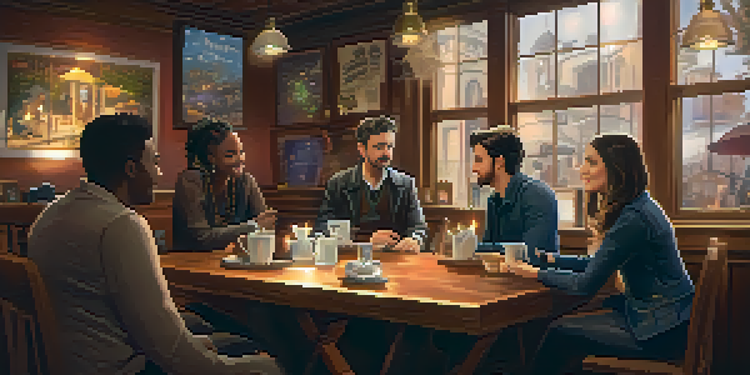 A group of diverse magicians collaborating in a cozy coffee shop, surrounded by cards and props, showcasing expressions of creativity.