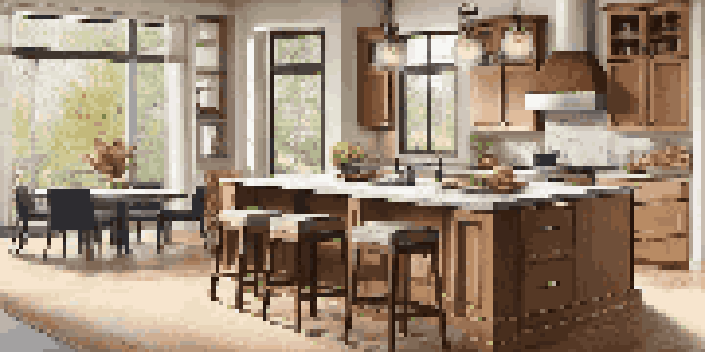 A spacious kitchen featuring a multi-functional island with a marble countertop and wine rack, illuminated by natural light.