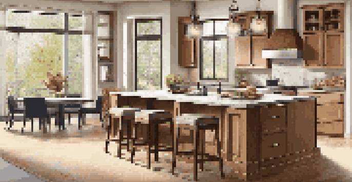 A spacious kitchen featuring a multi-functional island with a marble countertop and wine rack, illuminated by natural light.