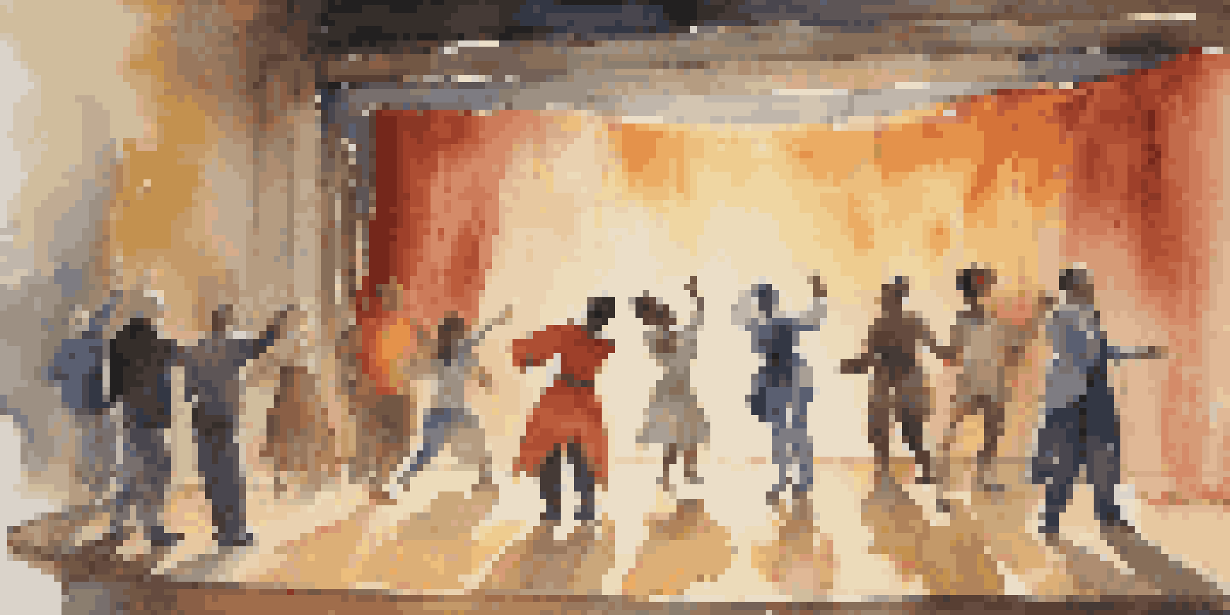 A scene from a theater rehearsal with actors in dynamic poses and a director guiding them, surrounded by colorful props and warm lighting.